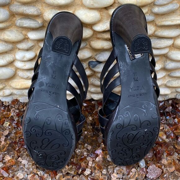 Brighton Vista Black Slide Open Toe Sandals Strappy Heels Leather Size 7.5M EUC! - Picture 4 of 10